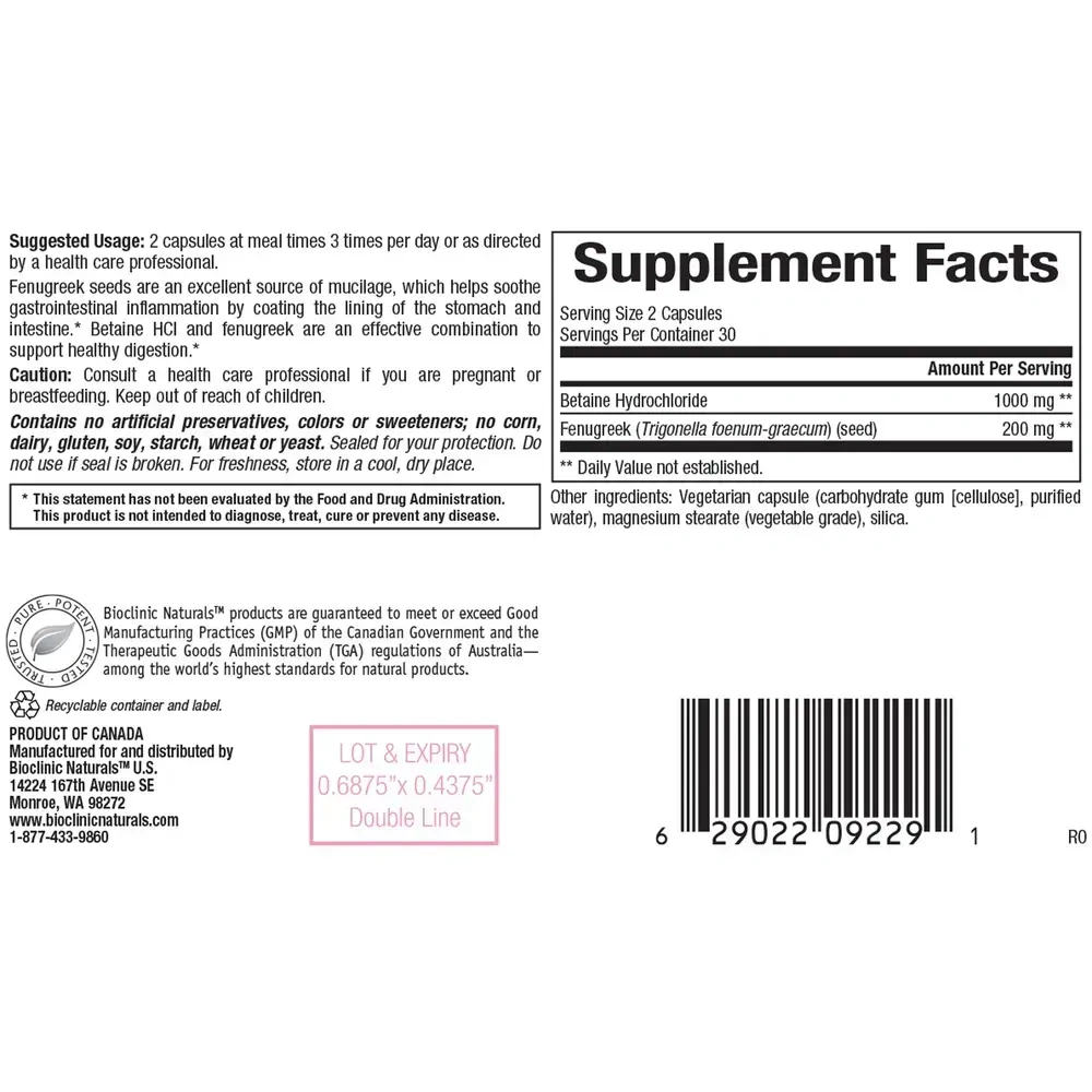 Product image for Betaine HCI w/ Fenugreek.