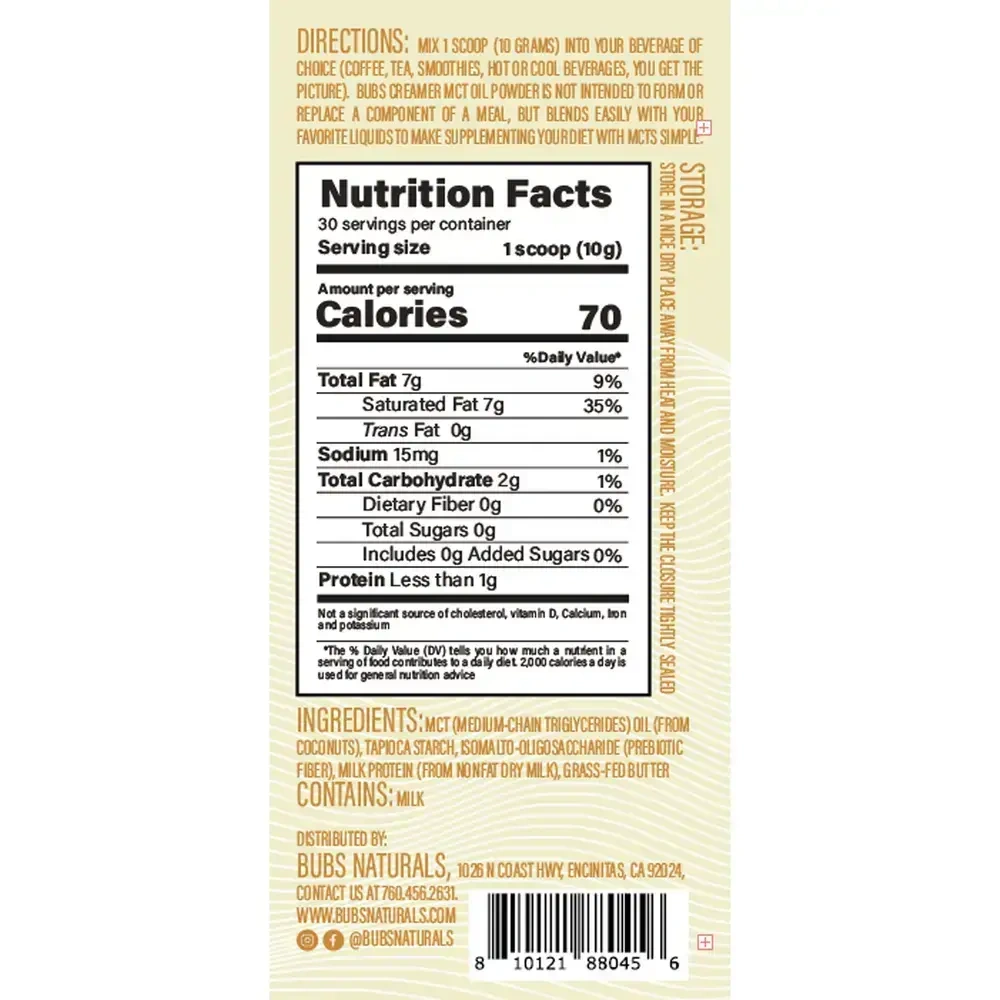 Product image for Bubs Creamer MCT Oil Powder.