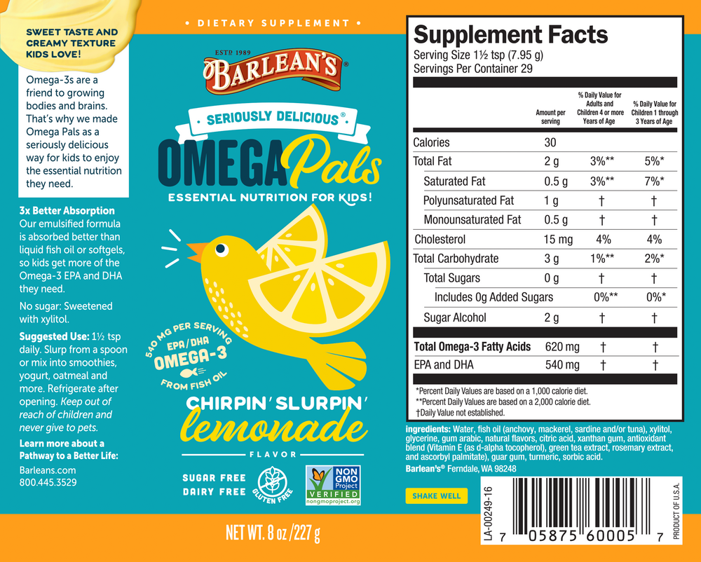 Product image for Seriously Delicious Omega Pals Chirpin' Slurpin' Lemonade Fish Oil.