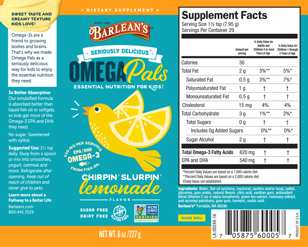 Product image for Seriously Delicious Omega Pals Chirpin' Slurpin' Lemonade Fish Oil.