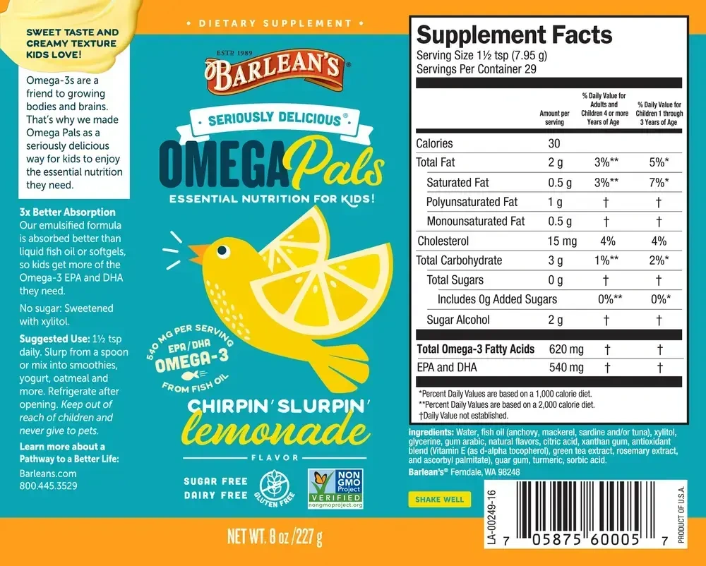 Product image for Seriously Delicious Omega Pals Chirpin' Slurpin' Lemonade Fish Oil.