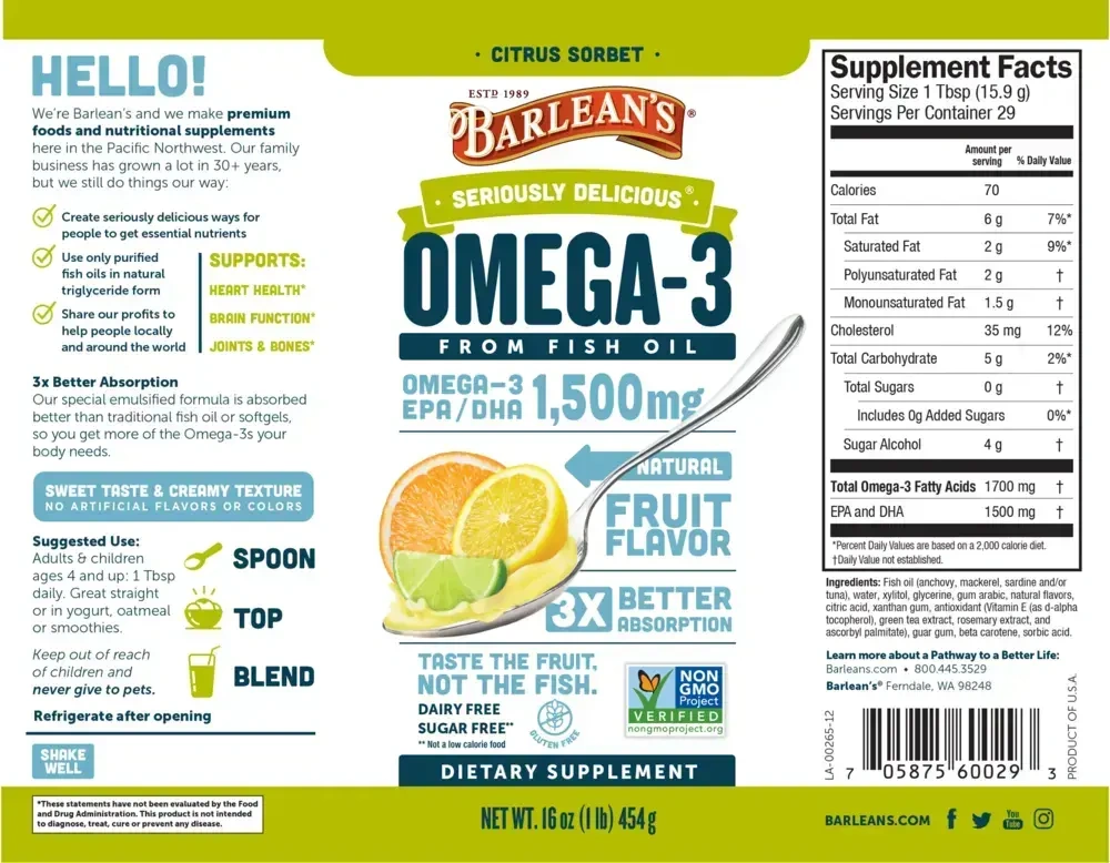 Product image for Seriously Delicious Omega-3 from Fish Oil, Citrus Sorbet.
