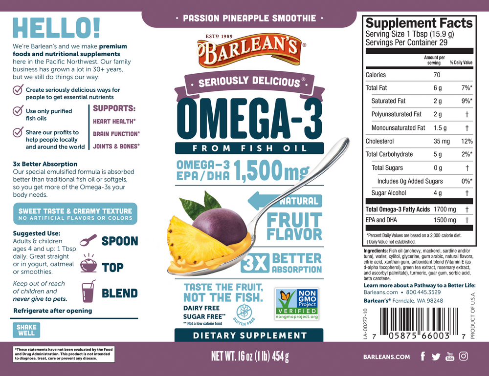 Product image for Seriously Delicious Omega-3 from Fish Oil, Passion Pineapple Smoothie.
