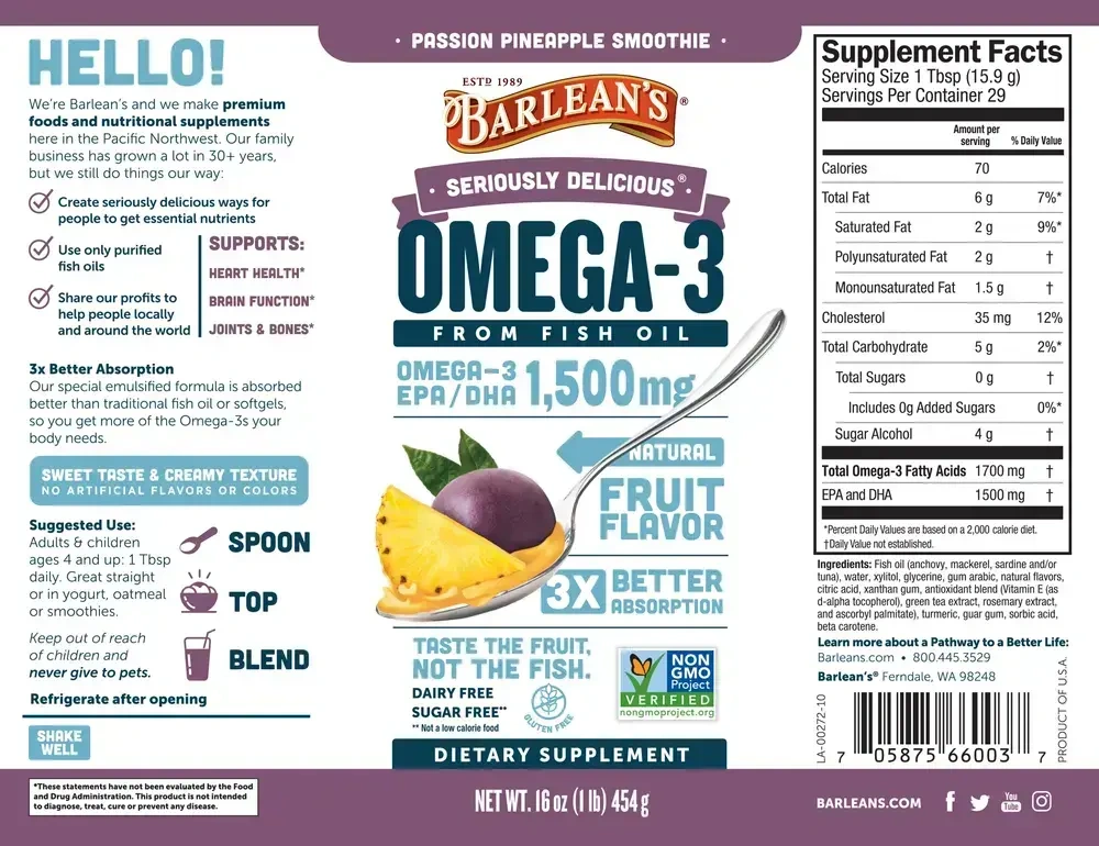 Product image for Seriously Delicious Omega-3 from Fish Oil, Passion Pineapple Smoothie.