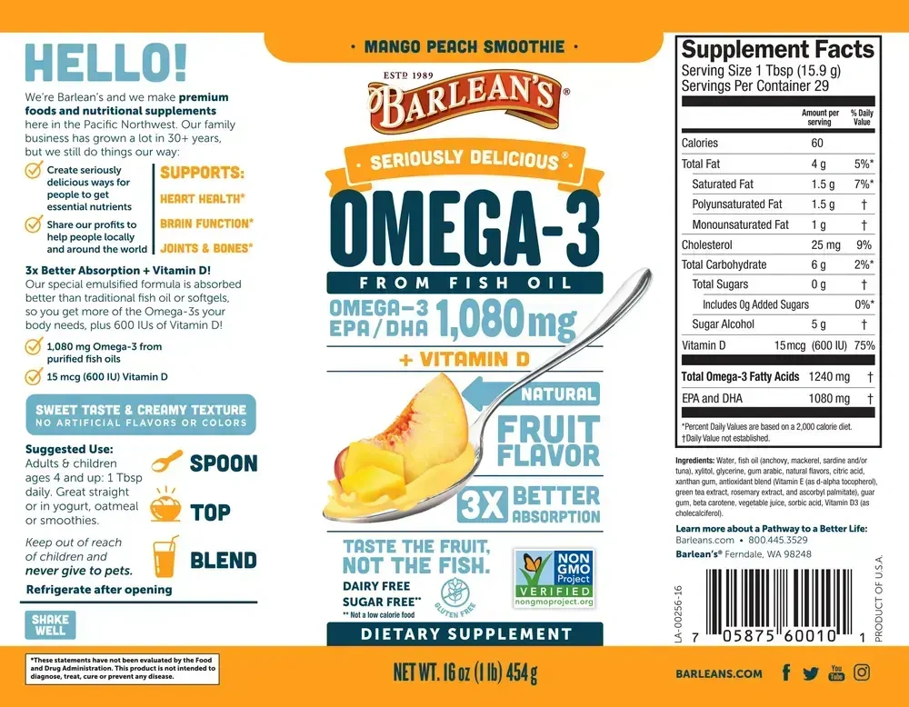 Product image for Seriously Delicious Omega-3 from Fish Oil, Mango Peach Smoothie.