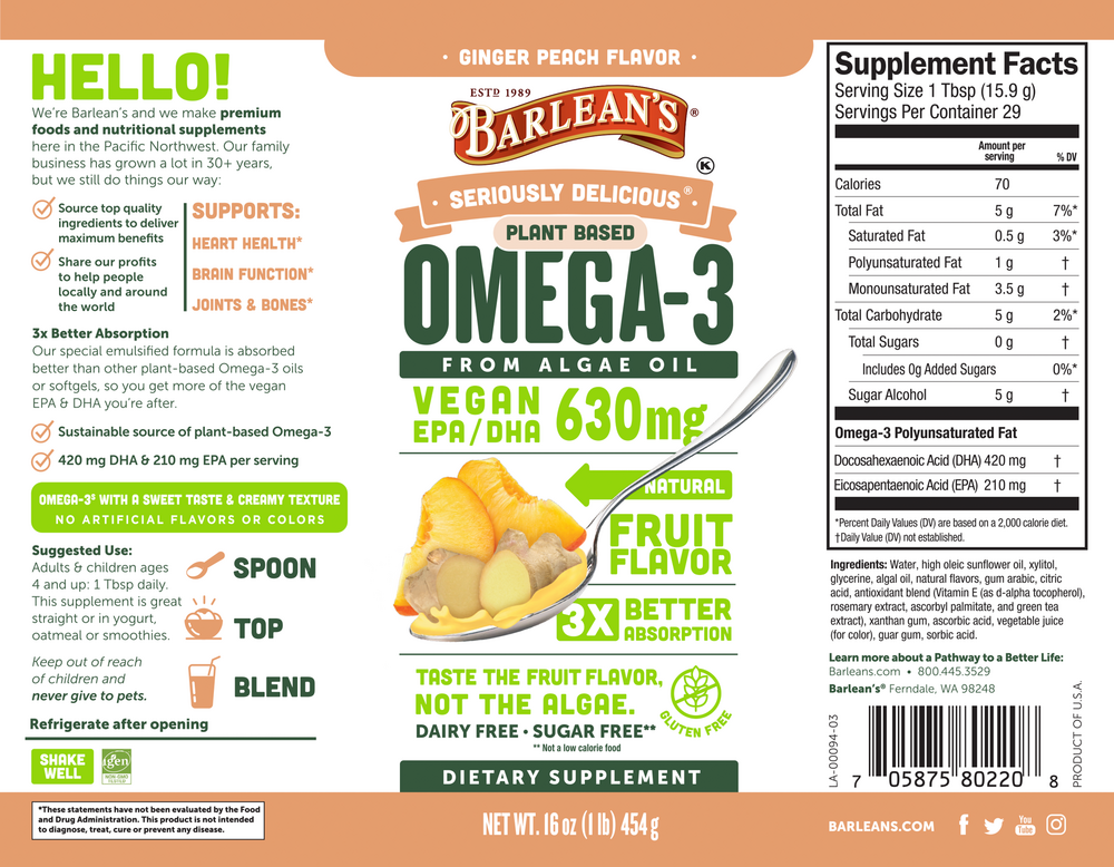 Product image for Seriuosly Delicious Omega-3 from Algae Oil, Ginger Peach.