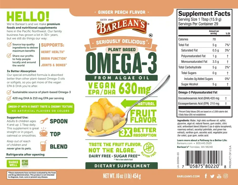 Product image for Seriuosly Delicious Omega-3 from Algae Oil, Ginger Peach.