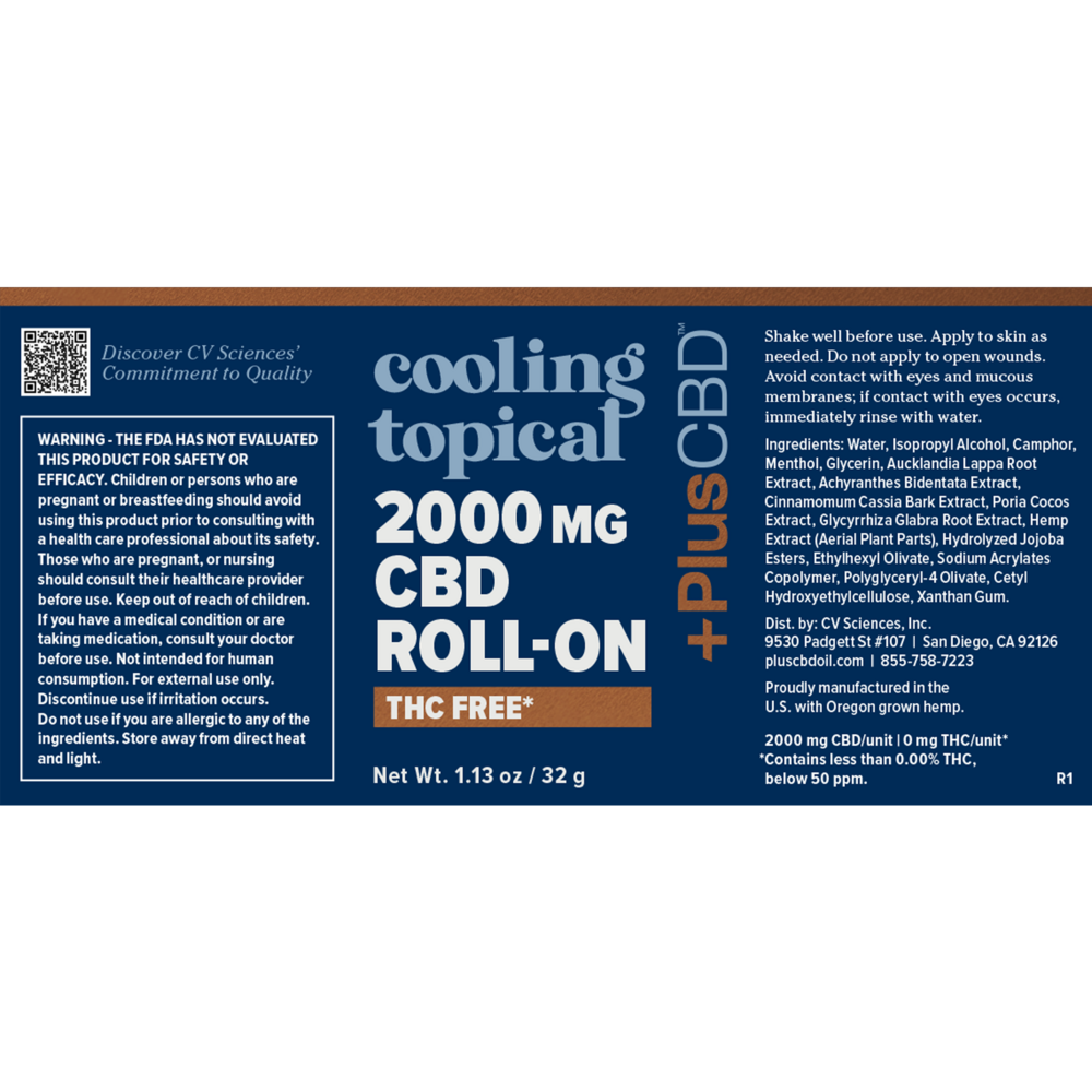 Product image for PlusCBD Cooling Topical THC Free Roll-On - 2000mg.