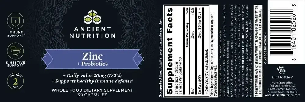 Product image for Zinc + Probiotics.