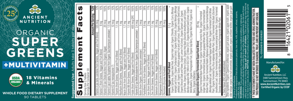 Product image for Organic SuperGreens + Multivitamin Tablets.