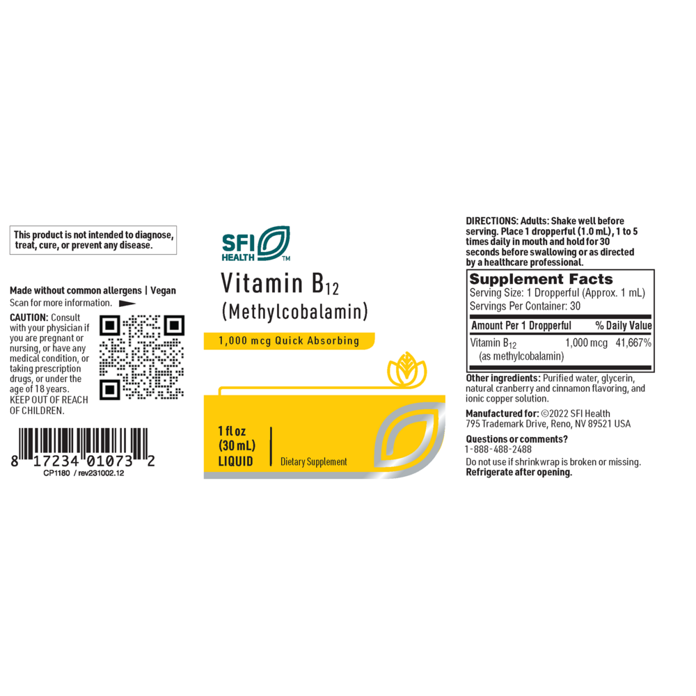 Product image for B12 Liquid (1mg) (methylcobalamin).