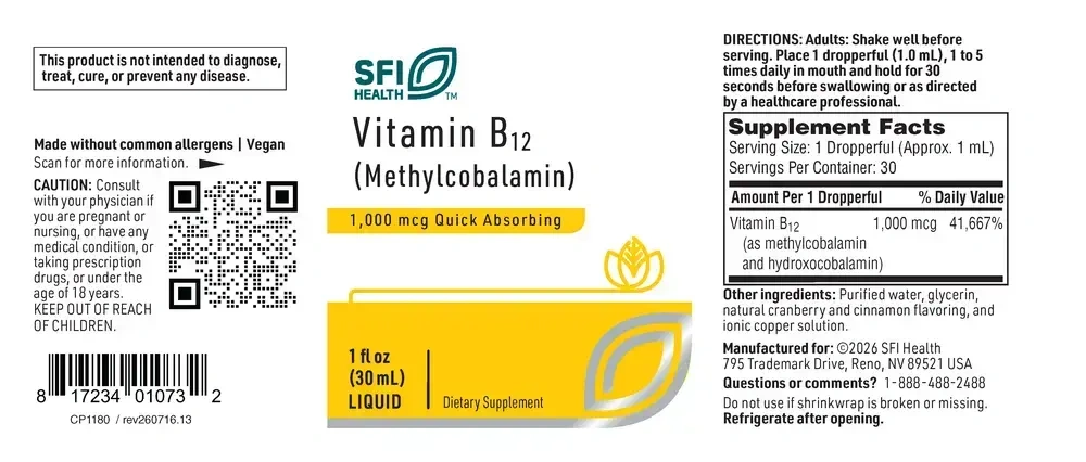 Product image for B12 Liquid (1mg) (methylcobalamin).