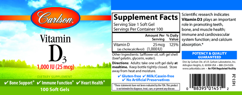 Product image for Vitamin D3 1,000 IU (25 mcg).