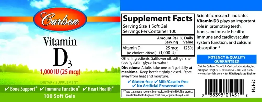 Product image for Vitamin D3 1,000 IU (25 mcg).