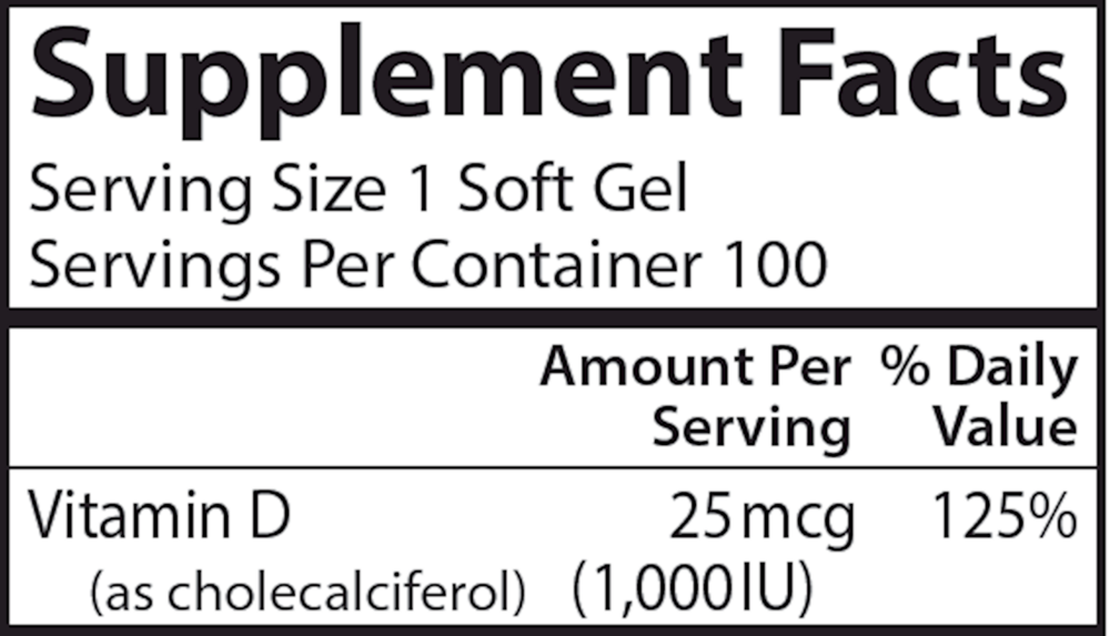 Product image for Vitamin D3 1,000 IU (25 mcg).