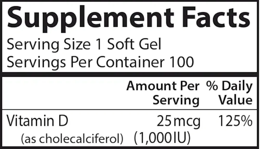 Product image for Vitamin D3 1,000 IU (25 mcg).