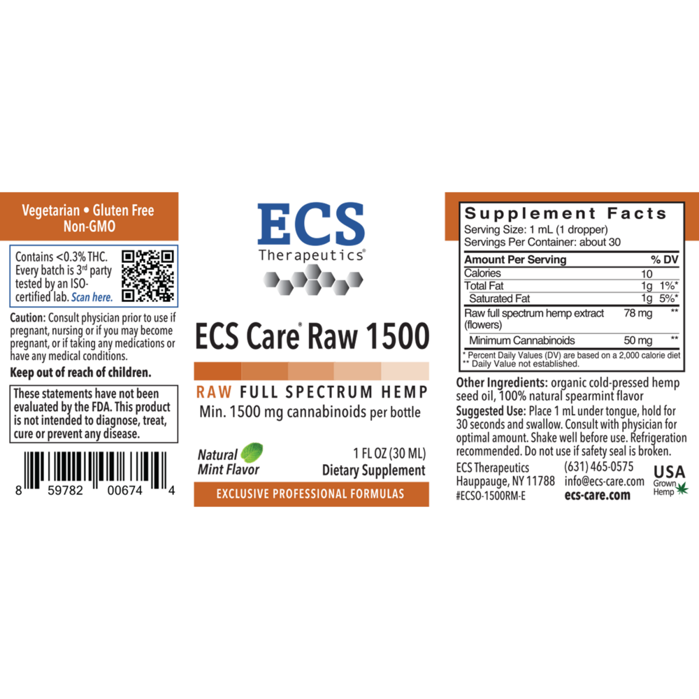 Product image for ECS Care® Raw 1500 Full Spectrum Hemp Liquid, Mint.