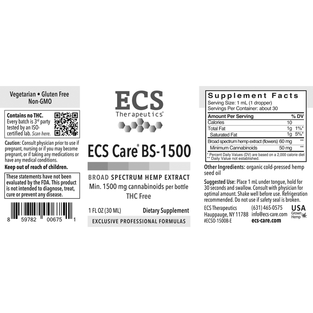 Product image for ECS Care® BS-1500 Broad Spectrum Hemp Liquid.