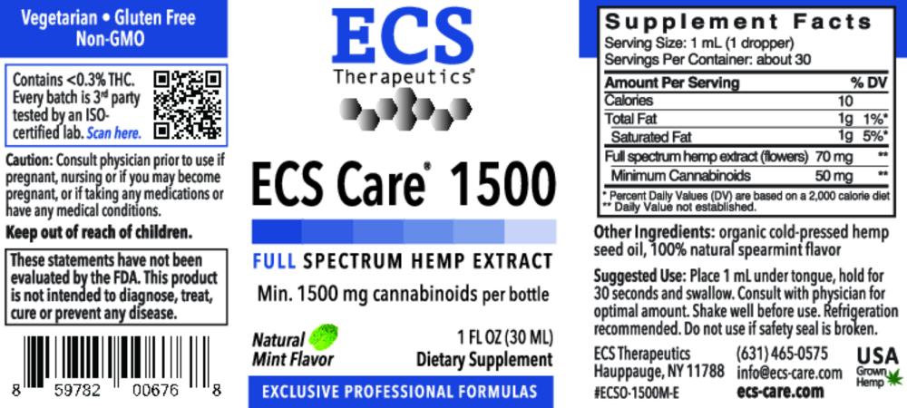 Product image for ECS Care® 1500 Full Spectrum Hemp Liquid, Mint.