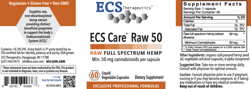 Product image for ECS Care® Raw 50 Full Spectrum Hemp Capsules.
