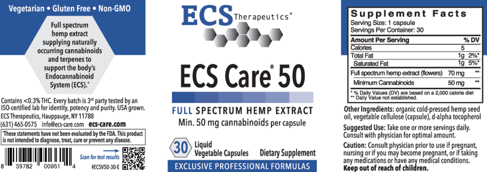 Product image for ECS Care® 50 Full Spectrum Hemp Capsules, 30 ct..