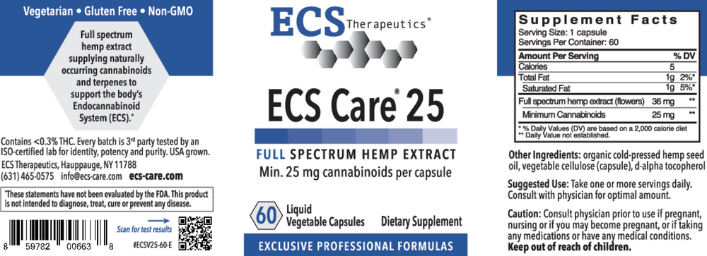 Product image for ECS Care® 25 Full Spectrum Hemp Capsules, 30 ct..