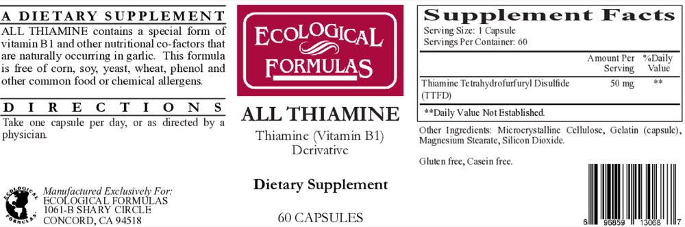 Product image for All Thiamine  (fat soluble B1 - TTFD, 50mg capsule).