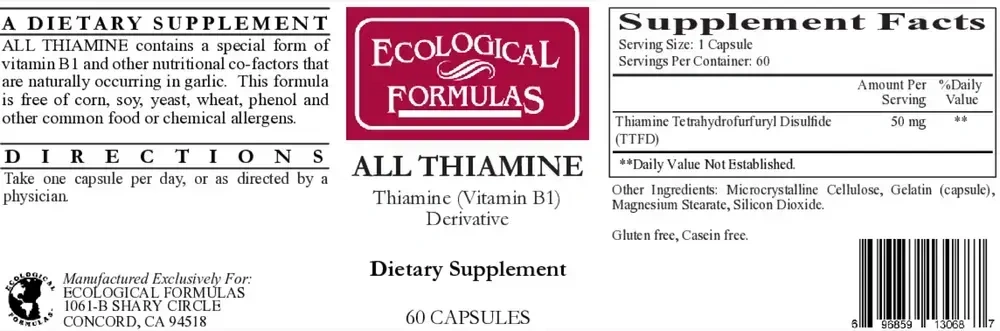 Product image for All Thiamine  (fat soluble B1 - TTFD, 50mg capsule).