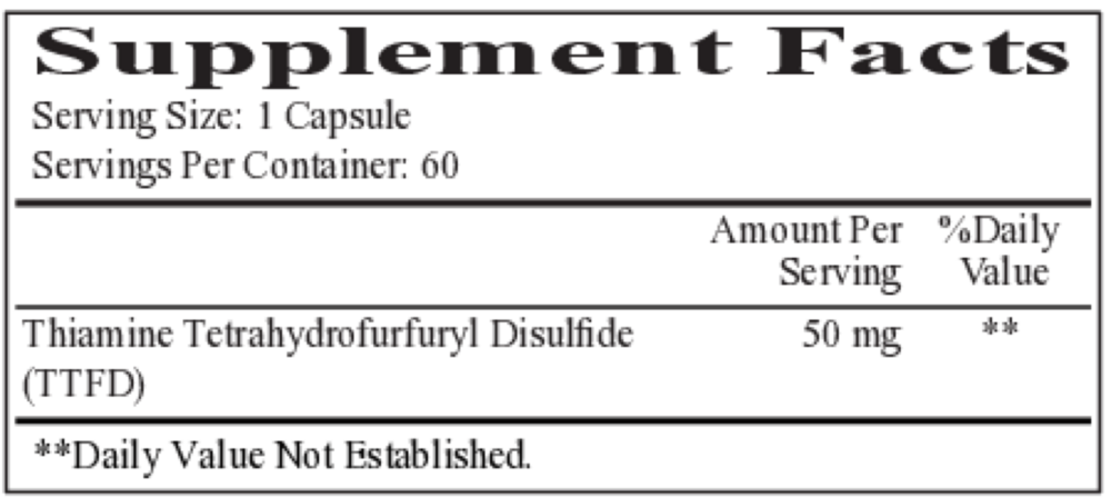 Product image for All Thiamine  (fat soluble B1 - TTFD, 50 mg capsule).