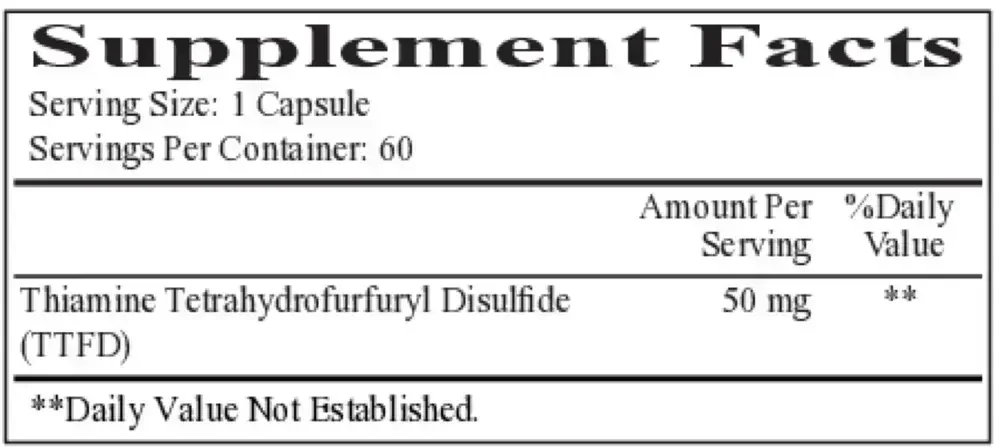 Product image for All Thiamine  (fat soluble B1 - TTFD, 50mg capsule).