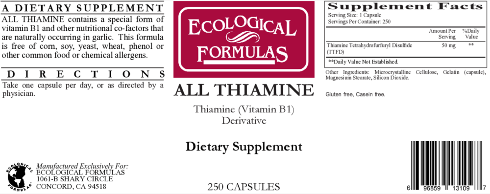 Product image for All Thiamine  (fat soluble B1 - TTFD, 50 mg capsule).
