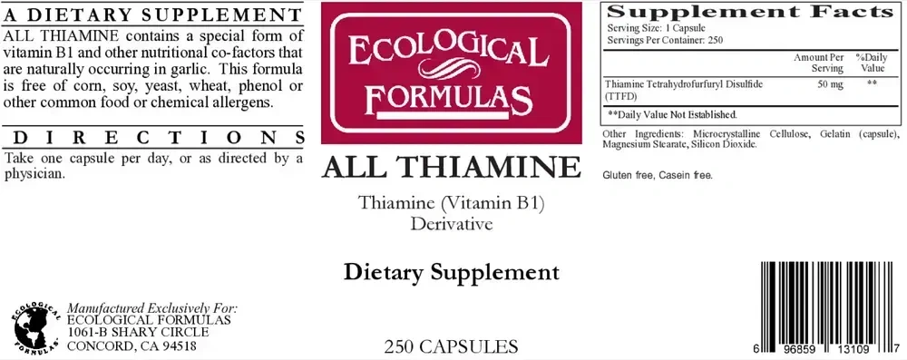 Product image for All Thiamine  (fat soluble B1 - TTFD, 50mg capsule).