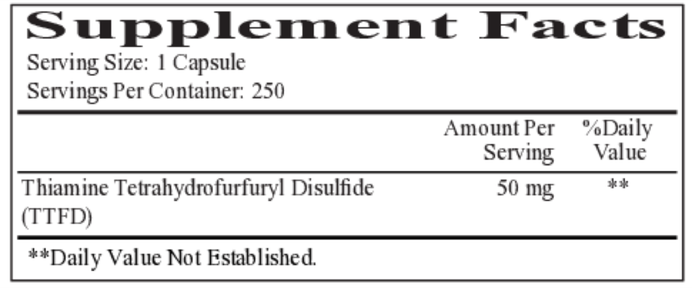 Product image for All Thiamine  (fat soluble B1 - TTFD, 50 mg capsule).