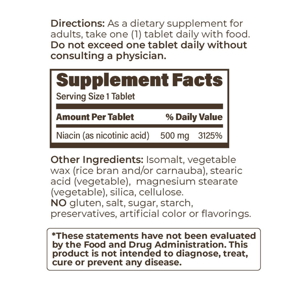 Product image for Plain Niacin IR 500mg 100 tab.