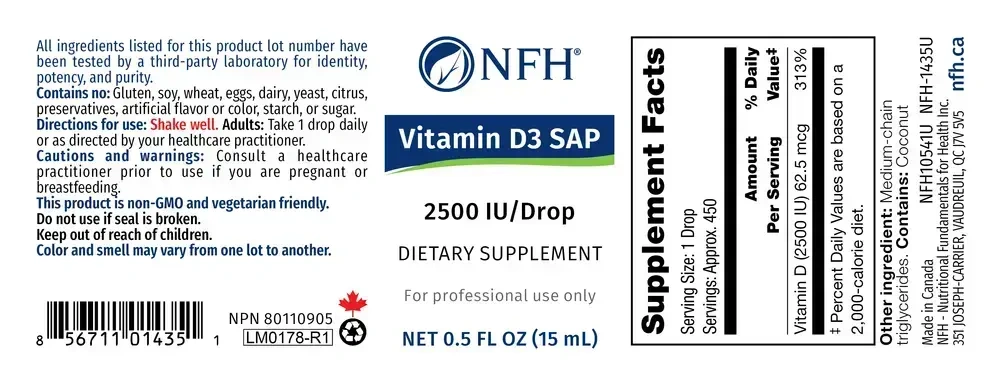 Product image for Vitamin D3 SAP 2500IU Liquid.