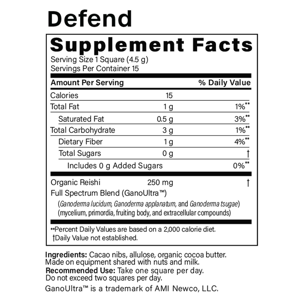 Product image for FX Defend, Reishi Mushroom Dark Chocolate Supplement.