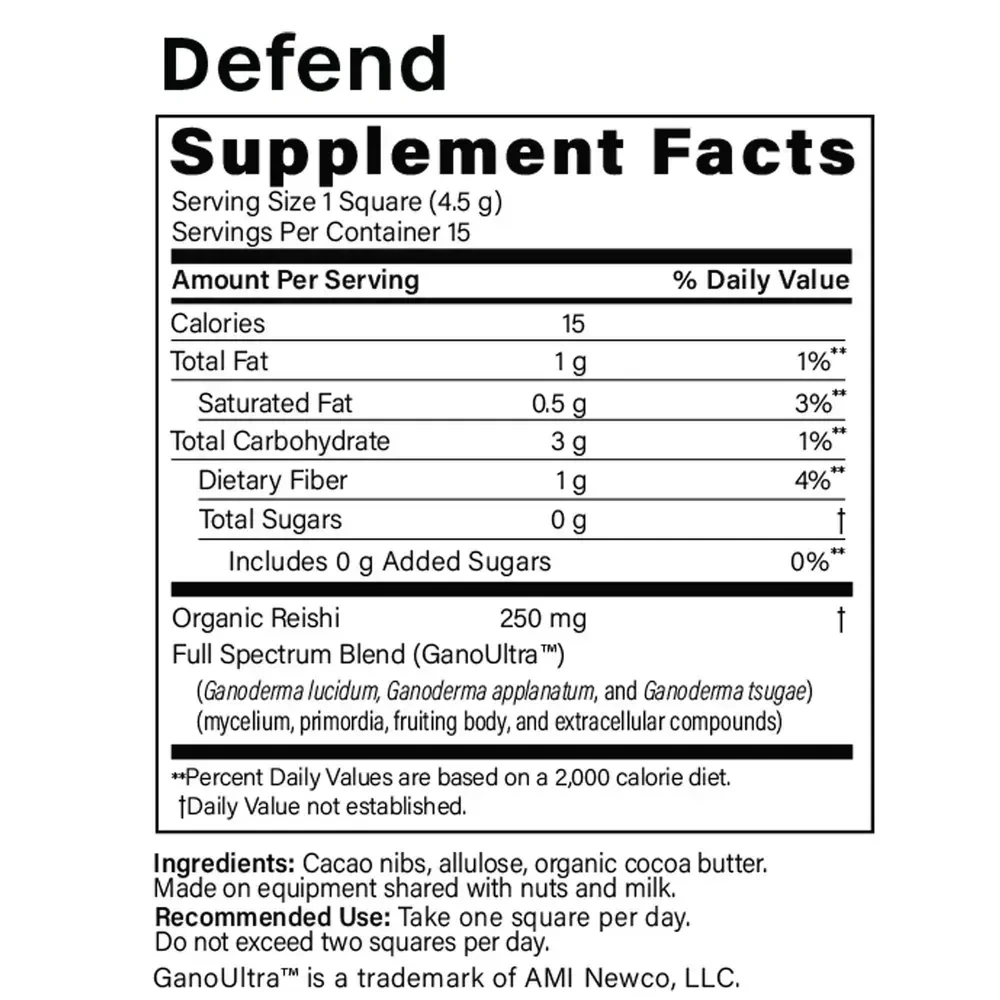 Product image for FX Defend, Reishi Mushroom Dark Chocolate Supplement.