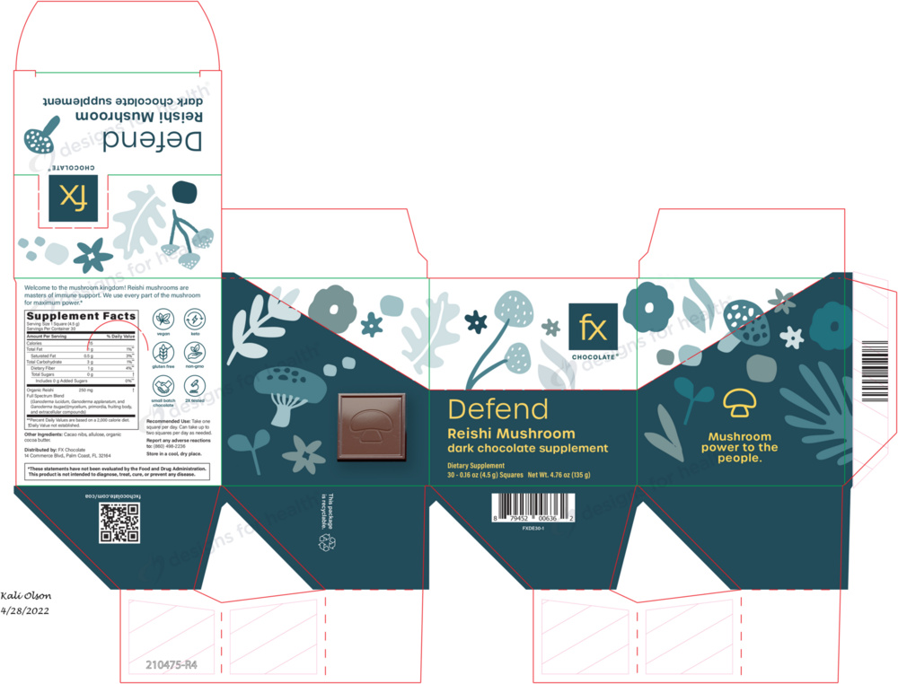Product image for FX Defend, Reishi Mushroom Dark Chocolate Supplement.