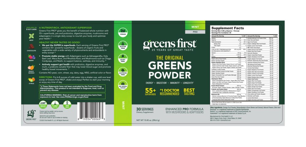 Product image for Greens First PRO Mint 30 serv California Only.