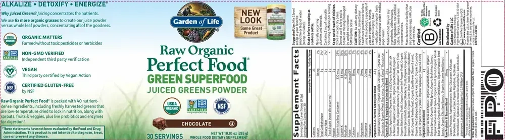 Product image for Raw Organic Perfect Food® Green Superfood Powder 285g - Chocolate.