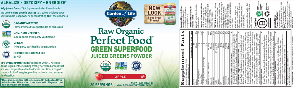 Product image for Raw Organic Perfect Food Green Superfood Juiced Greens Powder, Apple.
