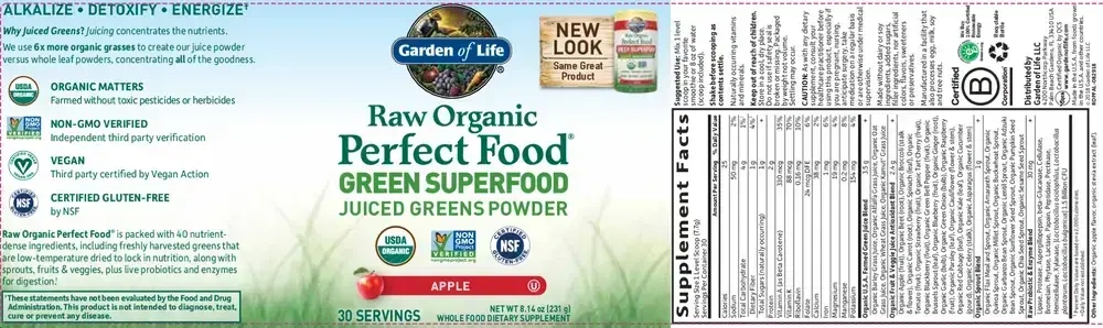 Product image for Raw Organic Perfect Food Green Superfood Juiced Greens Powder, Apple.