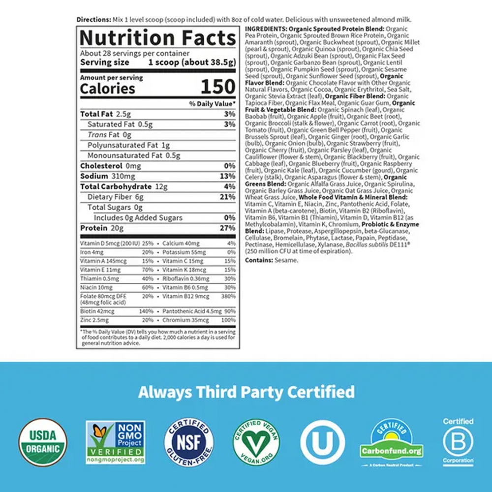 Product image for Raw Organic Meal Plant-Based Chocolate Flavor.