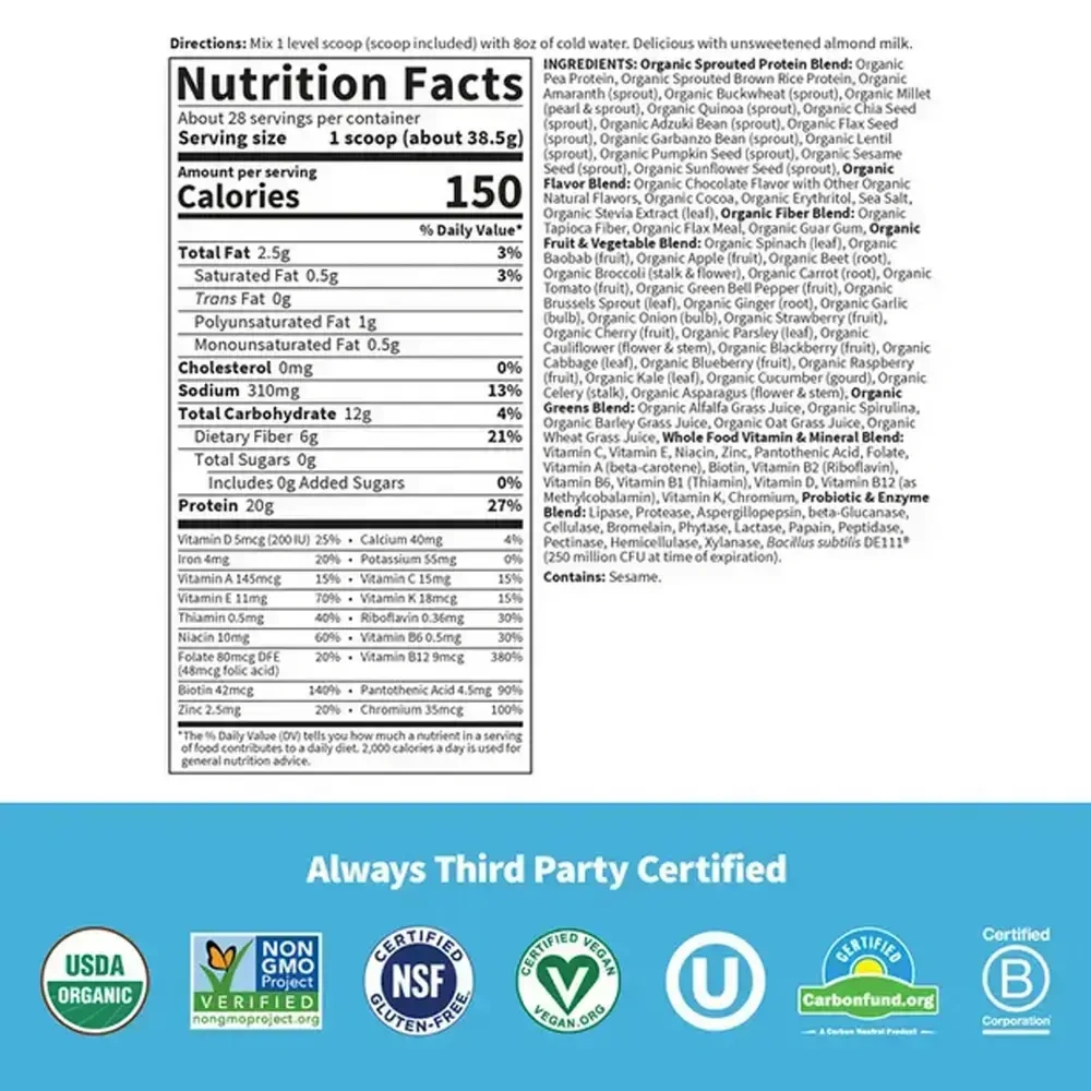 Product image for Raw Organic Meal Plant-Based Chocolate Flavor.