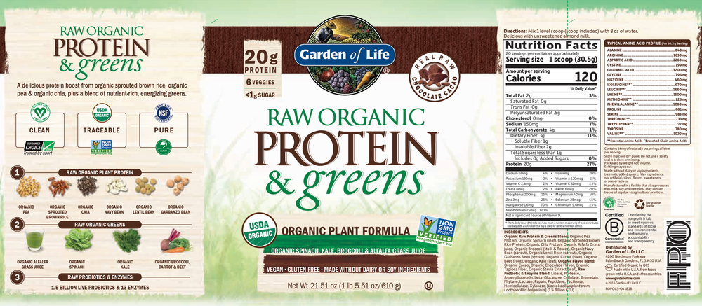 Product image for Raw Organic Protein and Greens Chocolate Powder.