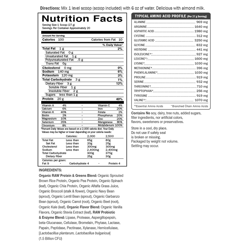 Product image for Raw Protein and Greens Vanilla Powder.