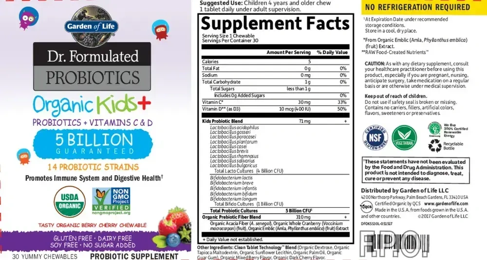 Product image for Dr. Formulated Probiotics Organic Kids+ Shelf-Stable, Berry Cherry.