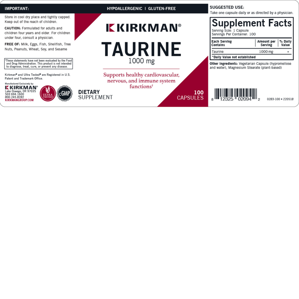 Product image for L-Taurine 1000 mg Capsules - Hypoallergenic.