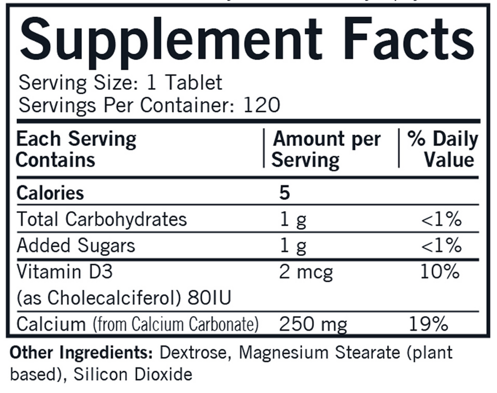 Product image for Calcium 250 mg w/Vitamin D-3 Chewable Tablets.