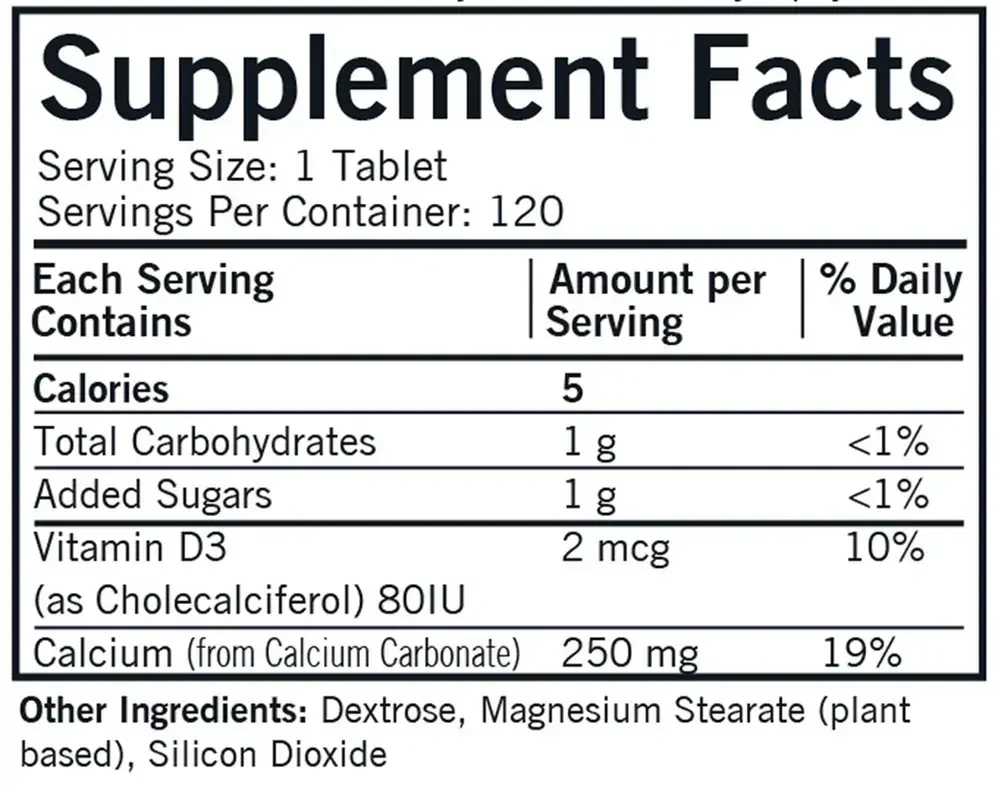Product image for Calcium 250 mg w/Vitamin D-3 Chewable Tablets.